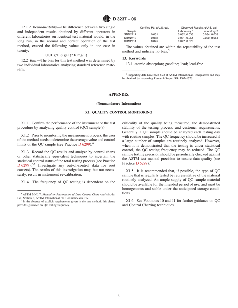 ASTM D3237-06 - Standard Test Method for Lead in Gasoline by Atomic Absorption Spectroscopy