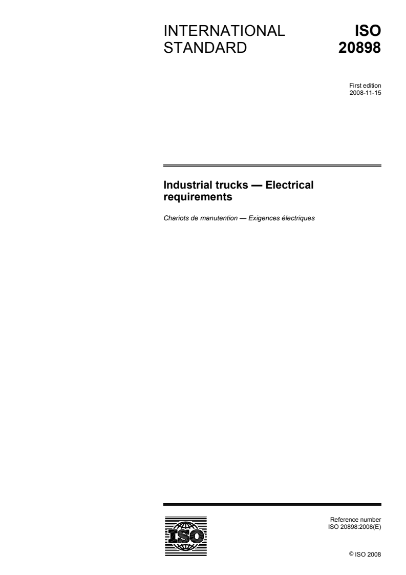 ISO 20898:2008 ISO 20898:2008 - Industrial trucks — Electrical requirements
Released:11/5/2008 - Page 1 preview