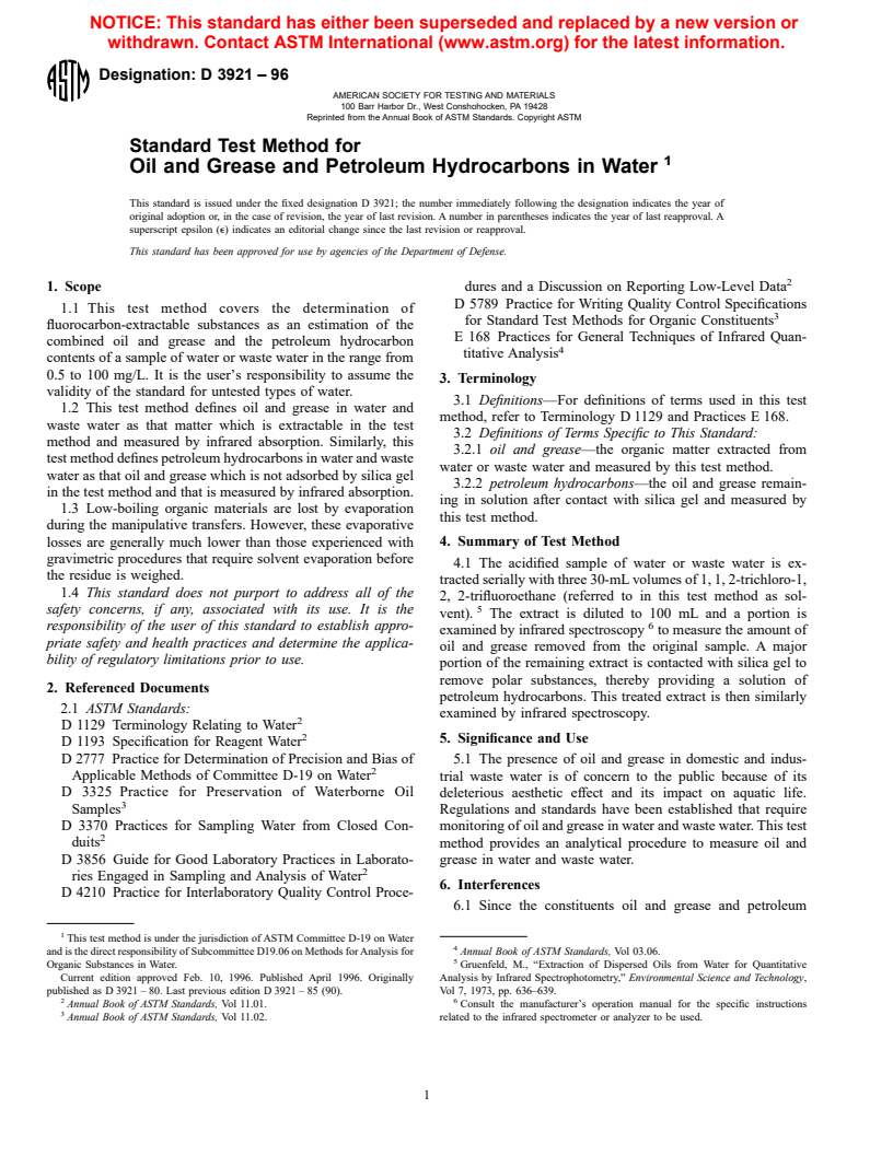 ASTM D3921-96 - Standard Test Method for Oil and Grease and Petroleum Hydrocarbons in Water