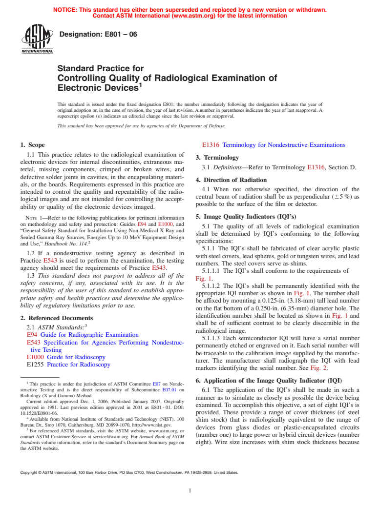 ASTM E801-06 - Standard Practice for Controlling Quality of Radiological Examination of Electronic Devices