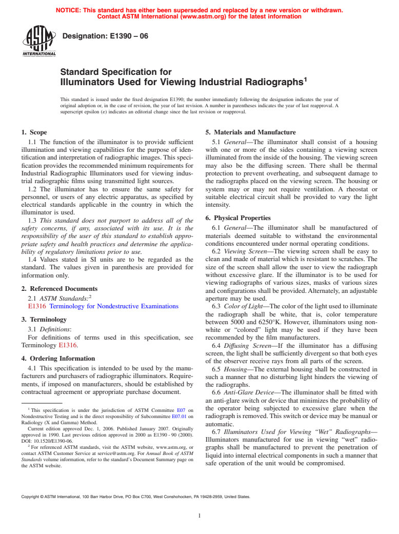 ASTM E1390-06 - Standard Specification for Illuminators Used for Viewing Industrial Radiographs