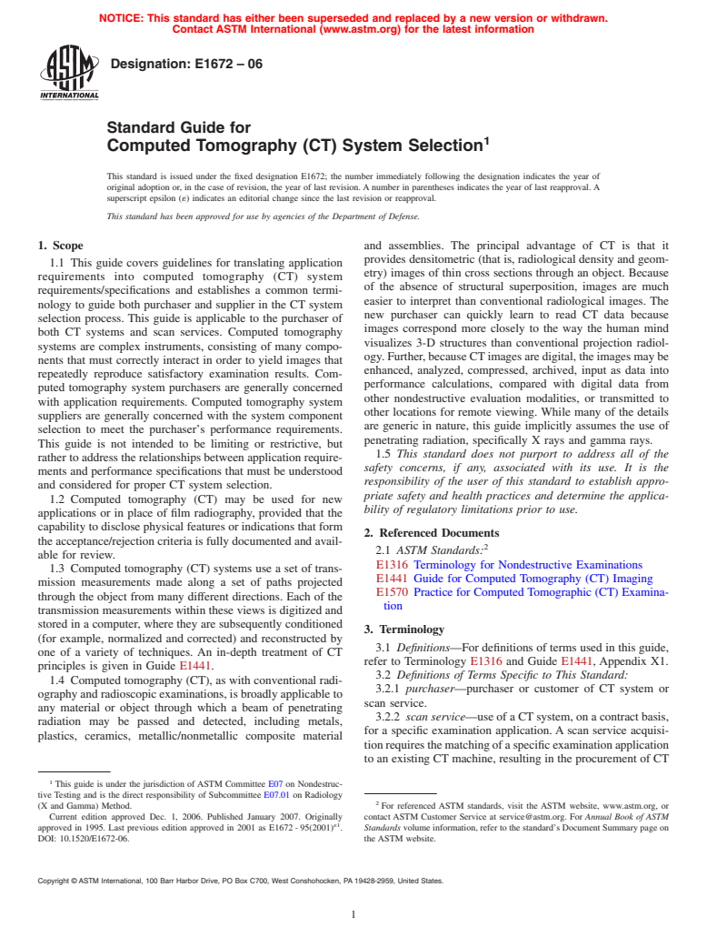 ASTM E1672-06 - Standard Guide for Computed Tomography (CT) System Selection