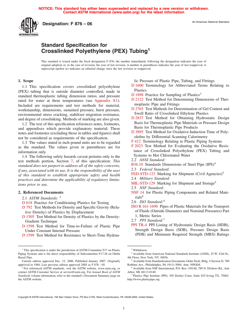 ASTM F876-06 - Standard Specification for Crosslinked Polyethylene (PEX) Tubing