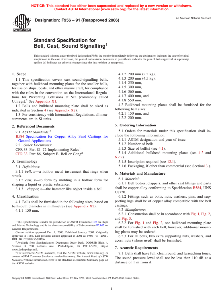 ASTM F956-91(2006) - Standard Specification for Bell, Cast, Sound Signalling