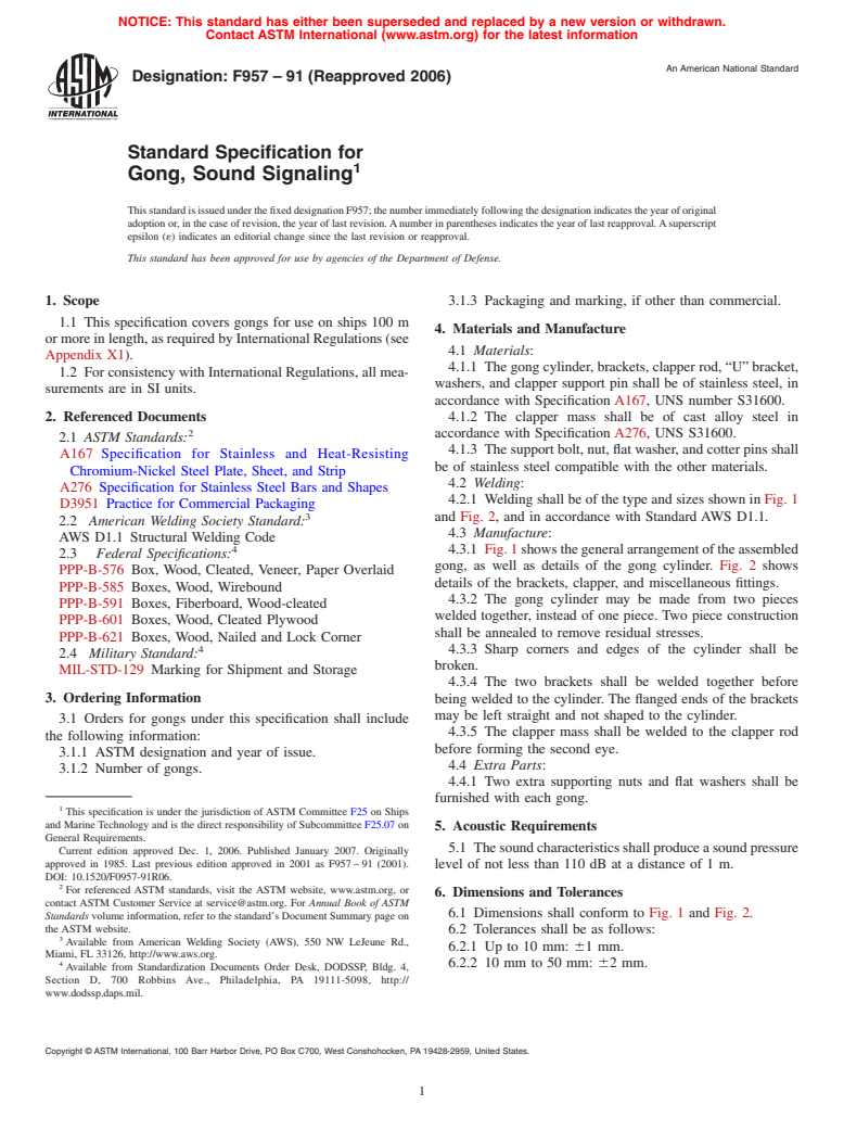 ASTM F957-91(2006) - Standard Specification for Gong, Sound Signaling