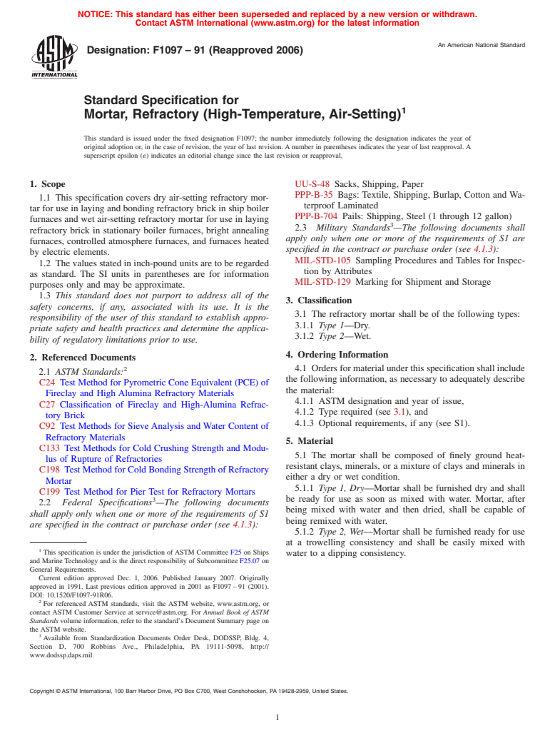 ASTM F1097-91(2006) - Standard Specification for Mortar, Refractory (High-Temperature, Air-Setting)