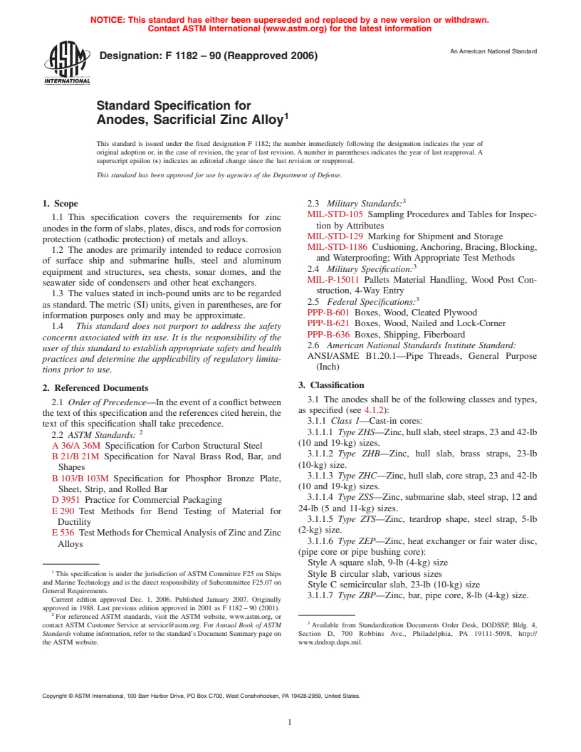 ASTM F1182-90(2006) - Standard Specification for Anodes, Sacrificial Zinc Alloy