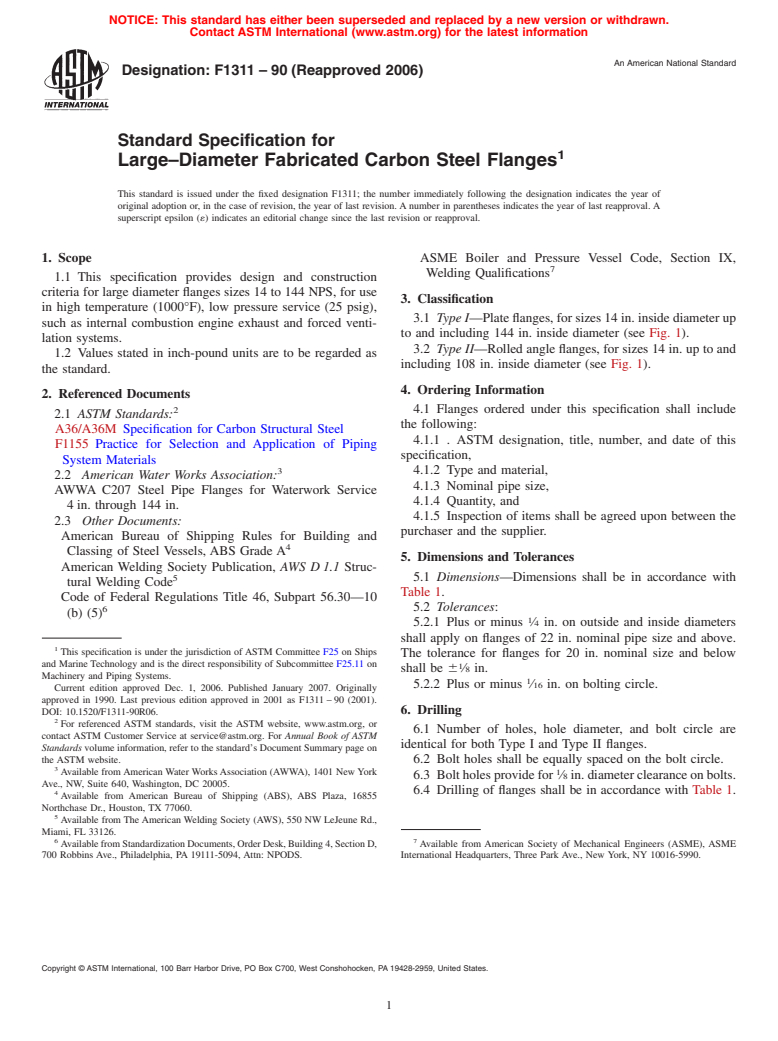 ASTM F1311-90(2006) - Standard Specification for Large-Diameter Fabricated Carbon Steel Flanges