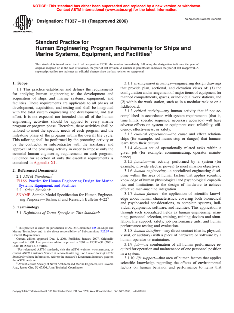 ASTM F1337-91(2006) - Standard Practice for Human Engineering Program Requirements for Ships and Marine Systems, Equipment, and Facilities