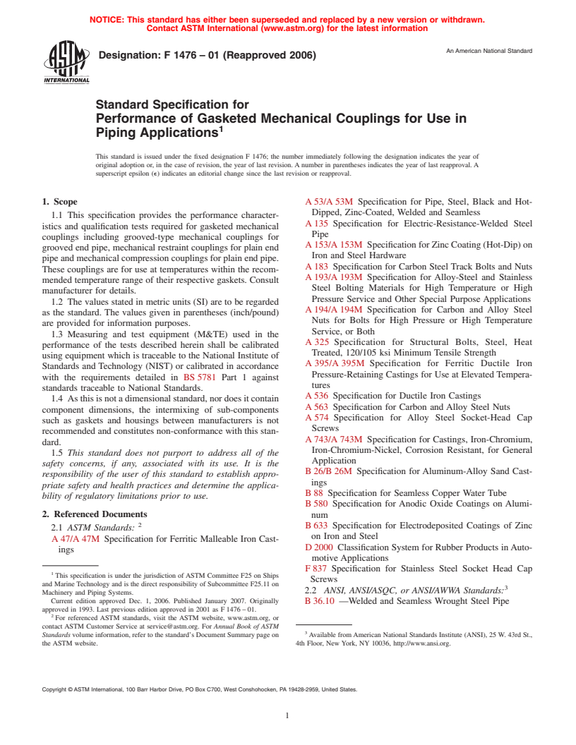 ASTM F1476-01(2006) - Standard Specification for Performance of Gasketed Mechanical Couplings for Use in Piping Applications