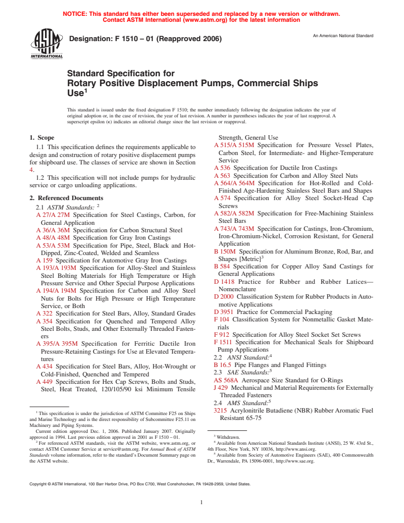 ASTM F1510-01(2006) - Standard Specification for Rotary Positive Displacement Pumps, Commercial Ships Use