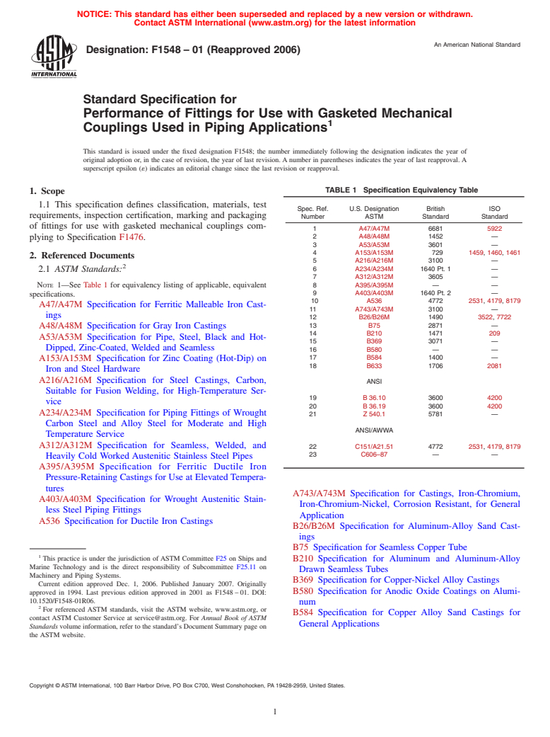 ASTM F1548-01(2006) - Standard Specification for the Performance of Fittings for Use with Gasketed Mechanical Couplings Used in Piping Applications