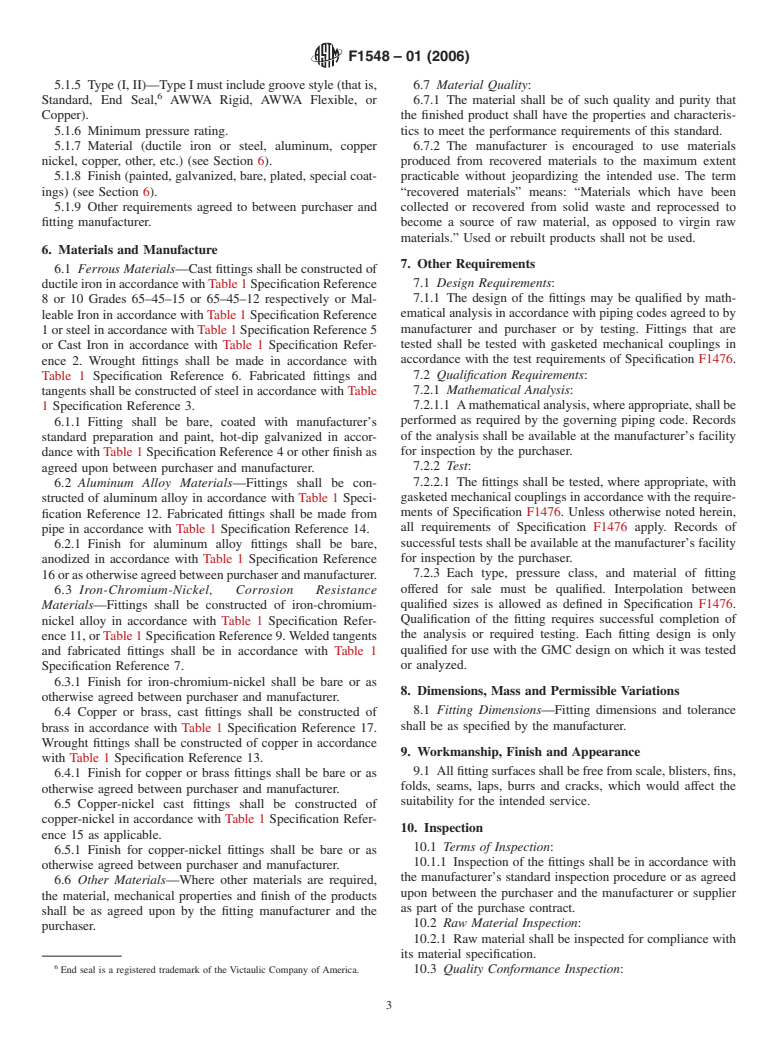 ASTM F1548-01(2006) - Standard Specification for the Performance of Fittings for Use with Gasketed Mechanical Couplings Used in Piping Applications