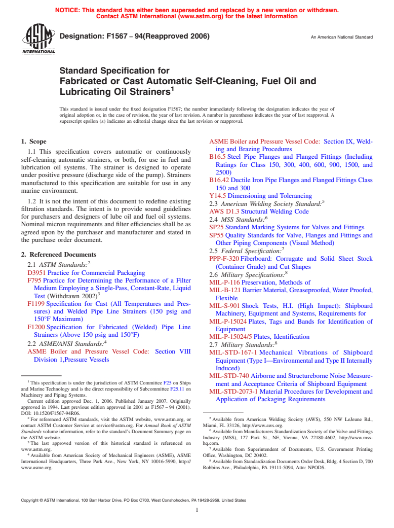 ASTM F1567-94(2006) - Standard Specification for Fabricated or Cast Automatic Self-Cleaning, Fuel Oil and Lubricating Oil Strainers