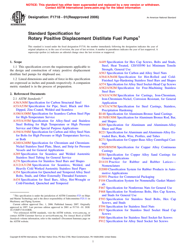 ASTM F1718-01(2006) - Standard Specification for Rotary Positive Displacement Distillate Fuel Pumps