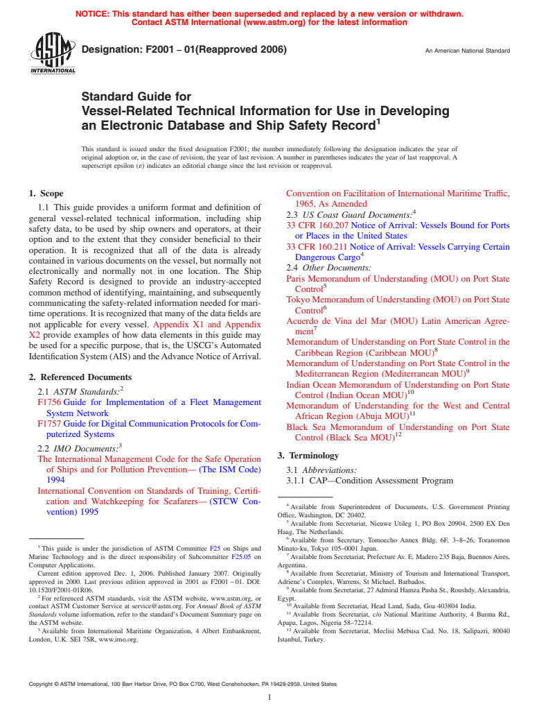 ASTM F2001-01(2006) - Standard Guide for Vessel-Related Technical Information for Use in Developing an Electronic Database and Ship Safety Record (Withdrawn 2015)