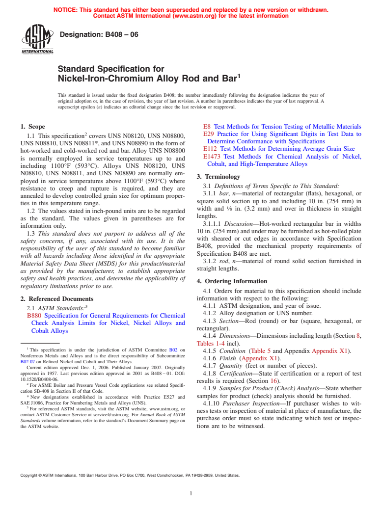 ASTM B408-06 - Standard Specification for Nickel-Iron-Chromium Alloy Rod and Bar