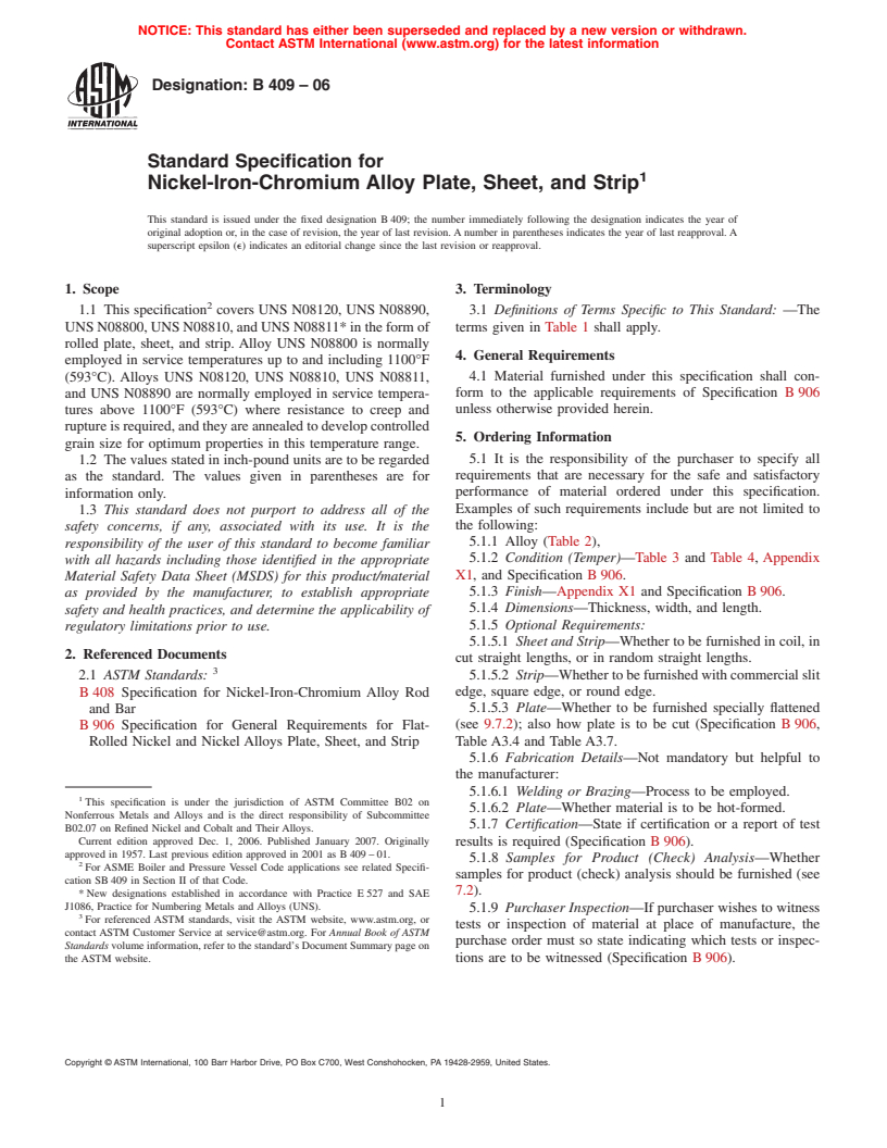 ASTM B409-06 - Standard Specification for Nickel-Iron-Chromium Alloy Plate, Sheet, and Strip