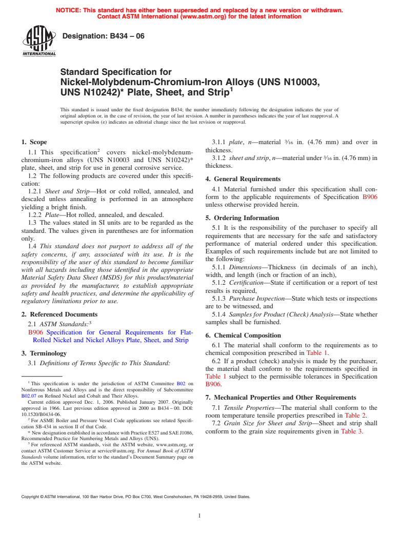 ASTM B434-06 - Standard Specification for Nickel-Molybdenum-Chromium-Iron Alloys (UNS N10003, UNS N10242)* Plate, Sheet, and Strip