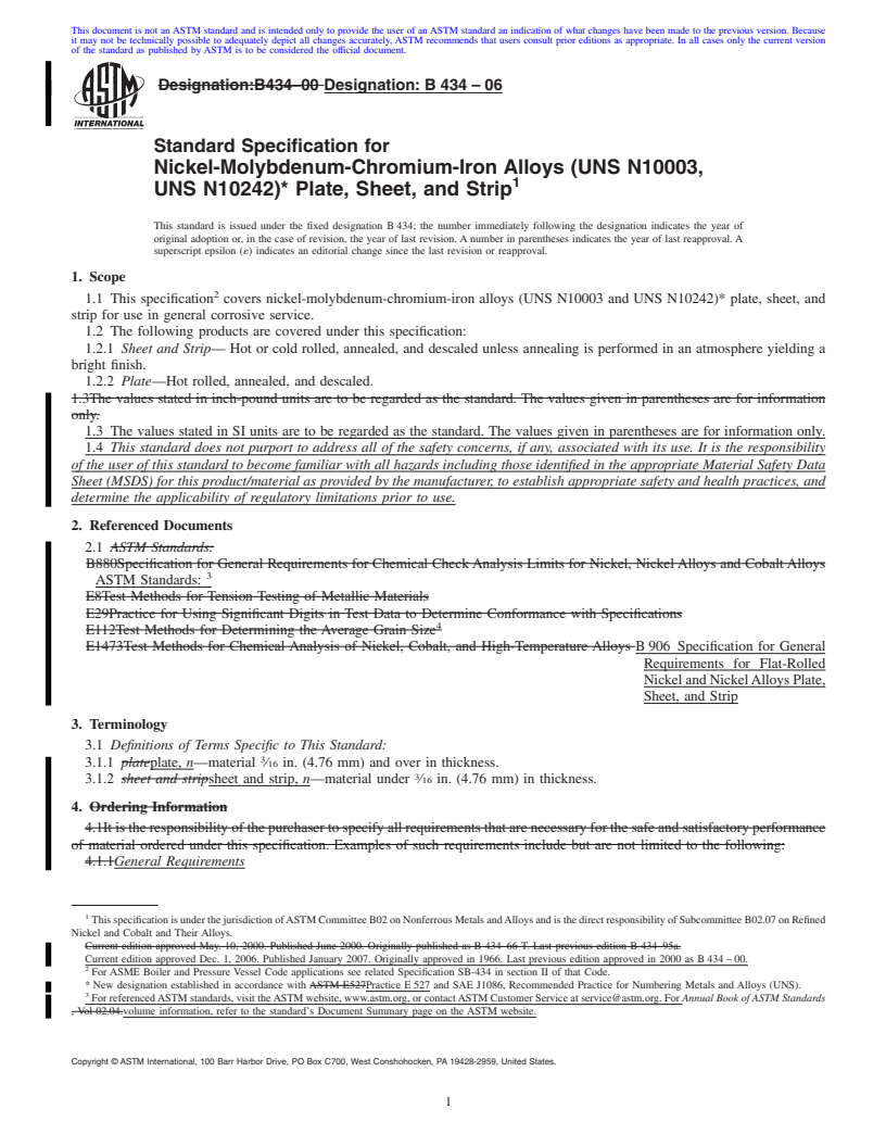 REDLINE ASTM B434-06 - Standard Specification for Nickel-Molybdenum-Chromium-Iron Alloys (UNS N10003, UNS N10242)* Plate, Sheet, and Strip