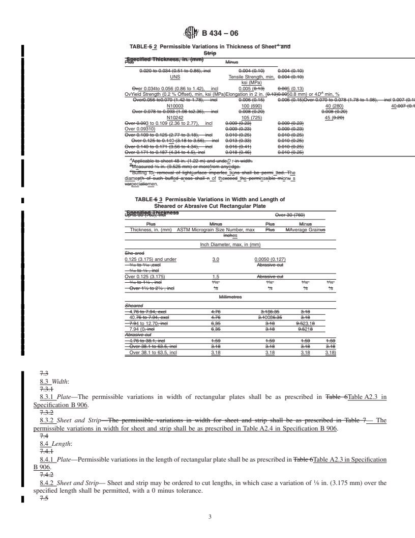 REDLINE ASTM B434-06 - Standard Specification for Nickel-Molybdenum-Chromium-Iron Alloys (UNS N10003, UNS N10242)* Plate, Sheet, and Strip