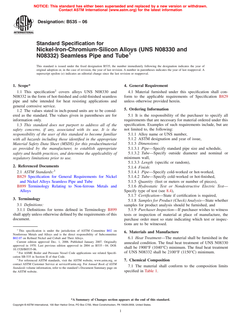 ASTM B535-06 - Standard Specification for Nickel-Iron-Chromium-Silicon Alloys (UNS N08330 and N08332) Seamless Pipe and Tube