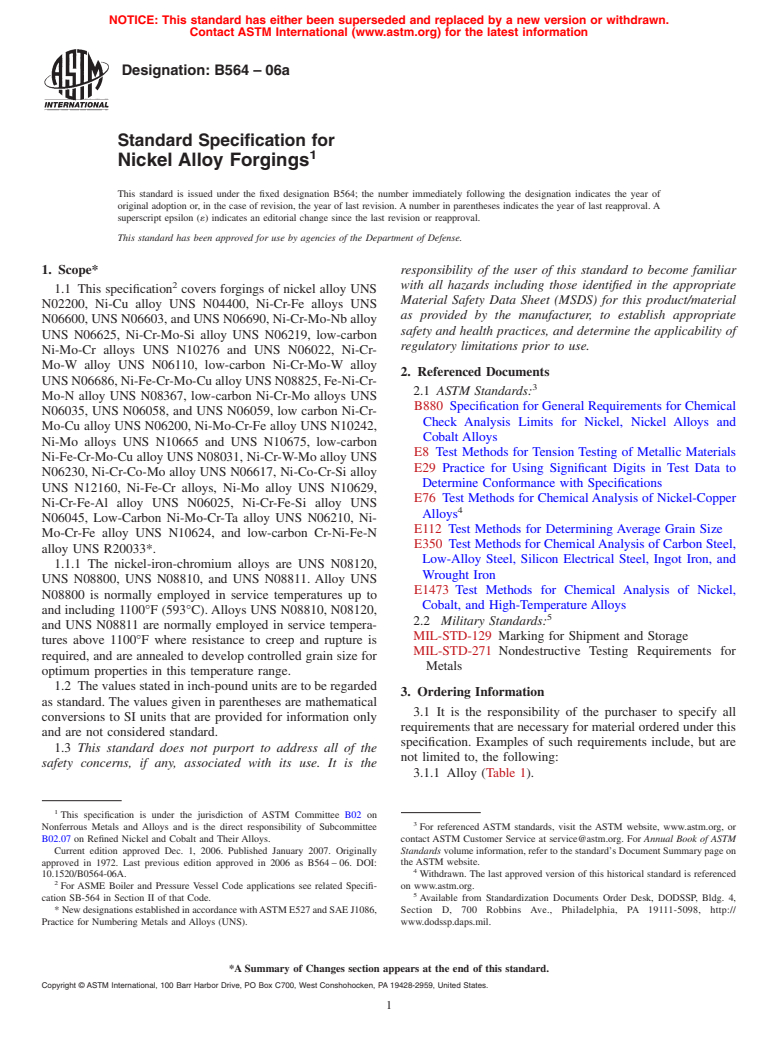 ASTM B564-06a - Standard Specification for Nickel Alloy Forgings