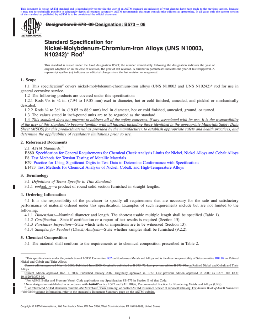 REDLINE ASTM B573-06 - Standard Specification for Nickel-Molybdenum-Chromium-Iron Alloys (UNS N10003, N10242)* Rod