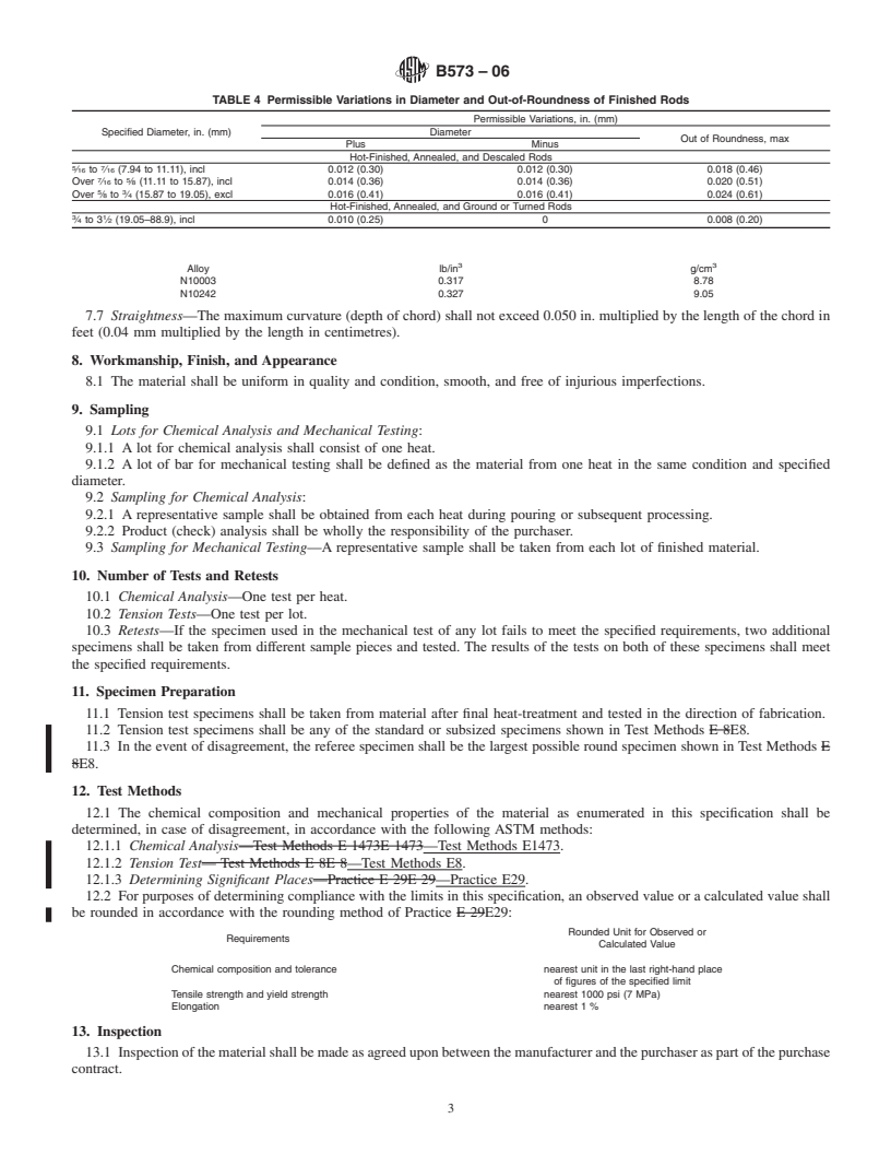 REDLINE ASTM B573-06 - Standard Specification for Nickel-Molybdenum-Chromium-Iron Alloys (UNS N10003, N10242)* Rod