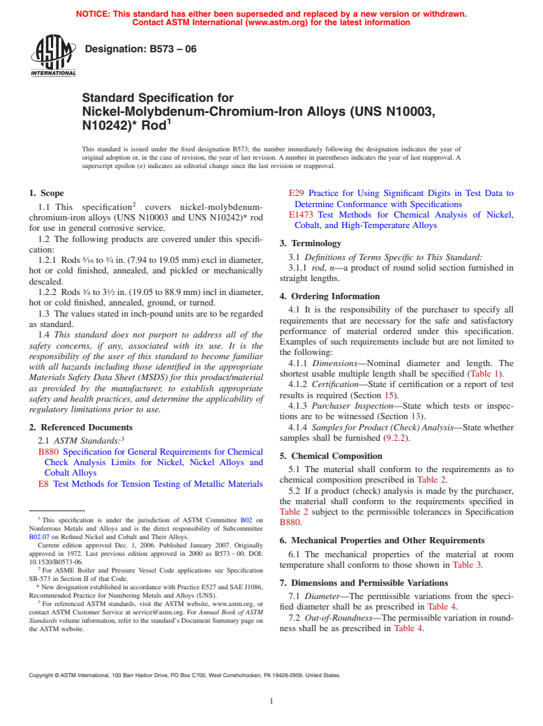 ASTM B573-06 - Standard Specification for Nickel-Molybdenum-Chromium-Iron Alloys (UNS N10003, N10242)* Rod