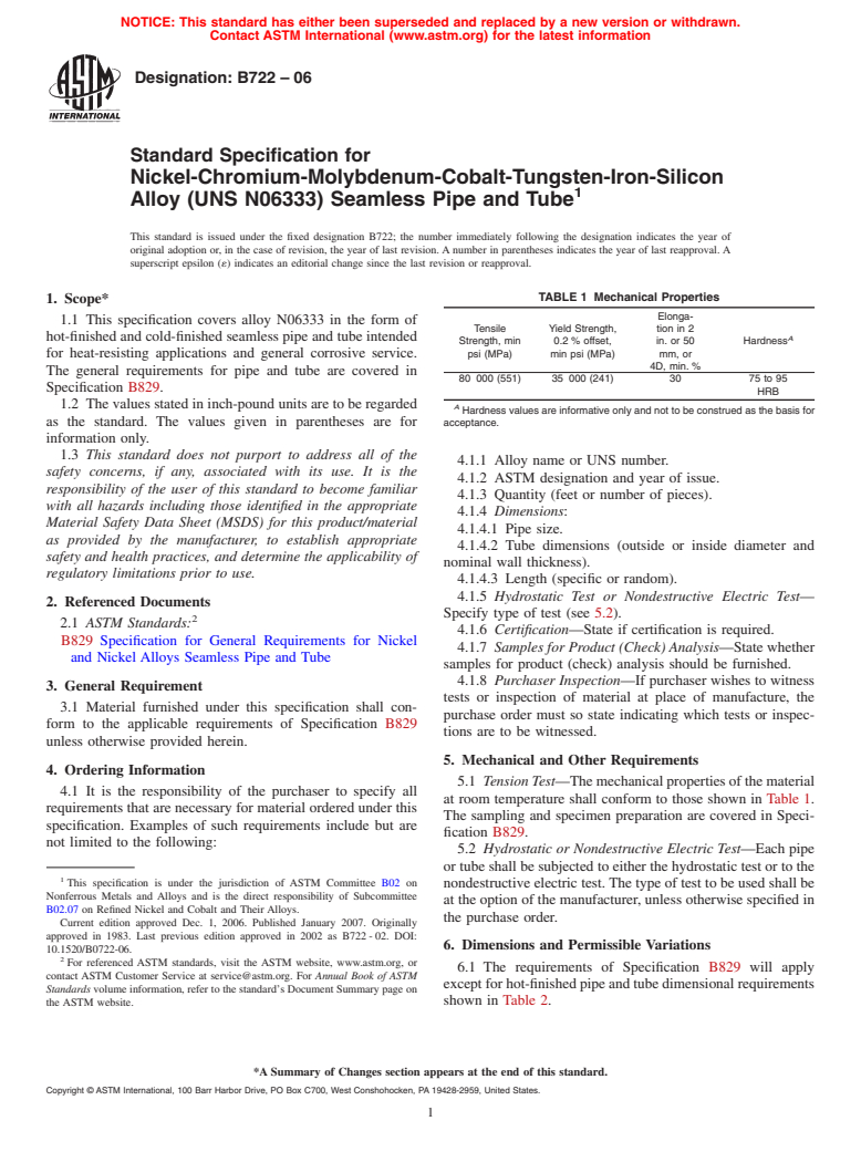 ASTM B722-06 - Standard Specification for Nickel-Chromium-Molybdenum-Cobalt-Tungsten-Iron-Silicon Alloy (UNS N06333) Seamless Pipe and Tube