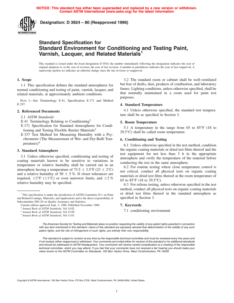 ASTM D3924-80(1996) - Standard Specification for Standard Environment for Conditioning and Testing Paint, Varnish, Lacquer, and Related Materials