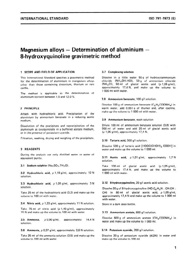 ISO 791:1973 - Magnesium alloys -- Determination of aluminium -- 8-hydroxyquinoline gravimetric method