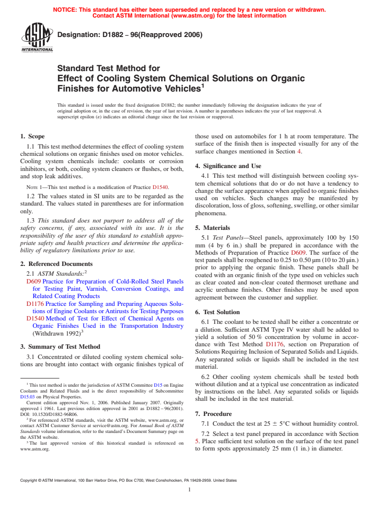 ASTM D1882-96(2006) - Standard Test Method for Effect of Cooling System Chemical Solutions on Organic Finishes for Automotive Vehicles