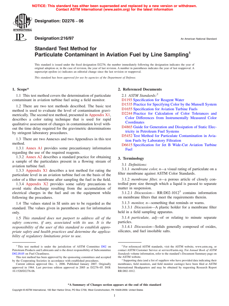 ASTM D2276-06 - Standard Test Method for Particulate Contaminant in Aviation Fuel by Line Sampling