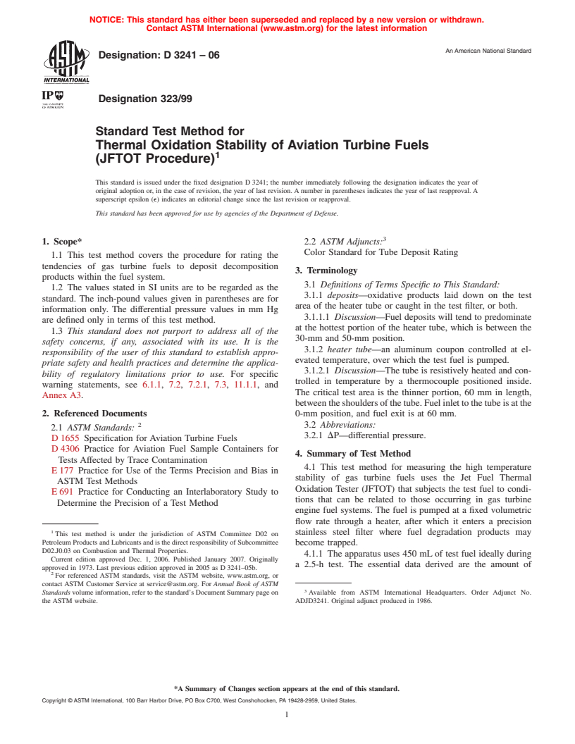 ASTM D3241-06 - Standard Test Method for Thermal Oxidation Stability of Aviation Turbine Fuels (JFTOT Procedure)