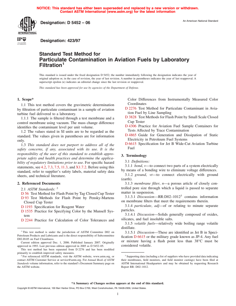 ASTM D5452-06 - Standard Test Method for Particulate Contamination in Aviation Fuels by Laboratory Filtration