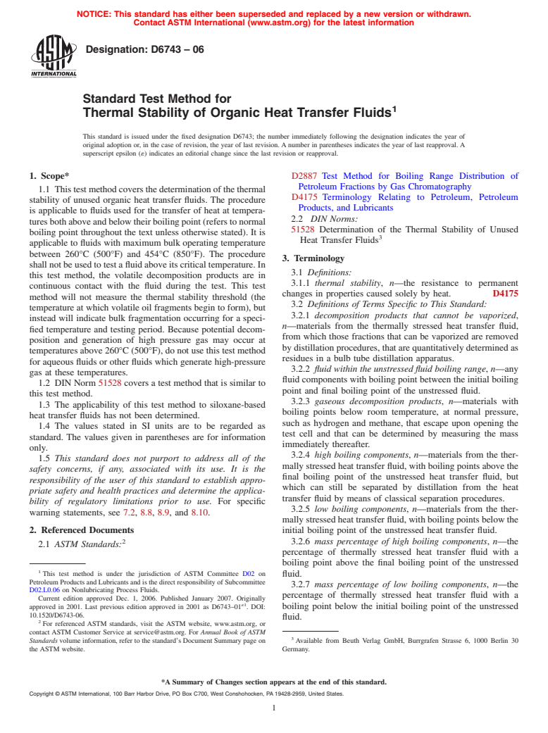 ASTM D6743-06 - Standard Test Method for Thermal Stability of Organic Heat Transfer Fluids