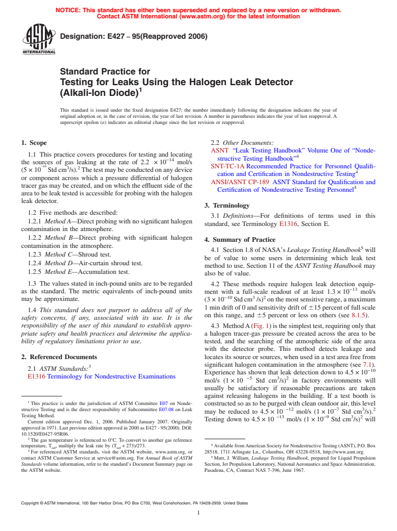 ASTM E427-95(2006) - Standard Practice for Testing for Leaks Using the Halogen Leak Detector(Alkali-Ion Diode) (Withdrawn 2013)