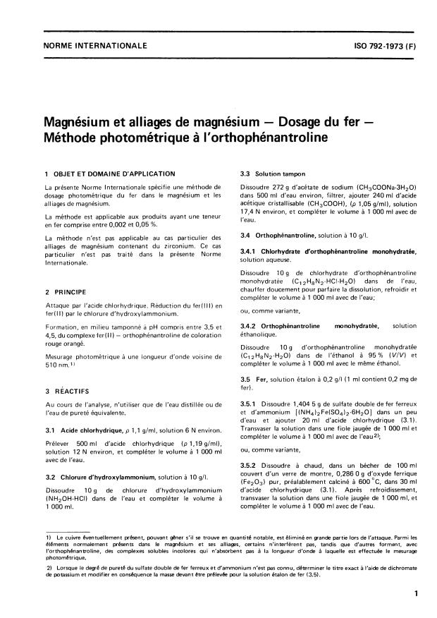 ISO 792:1973 - Magnésium et alliages de magnésium -- Dosage du fer -- Méthode photométrique a l'orthophénantroline