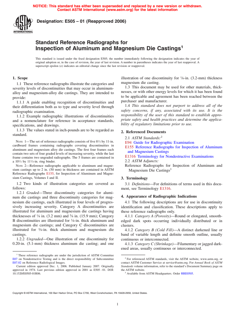 ASTM E505-01(2006) - Standard Reference Radiographs for Inspection of Aluminum and Magnesium Die Castings