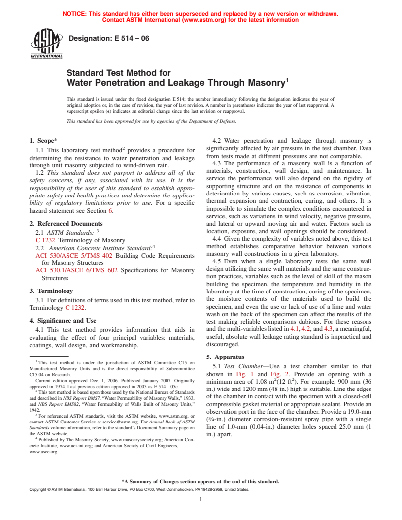 ASTM E514-06 - Standard Test Method for Water Penetration and Leakage Through Masonry