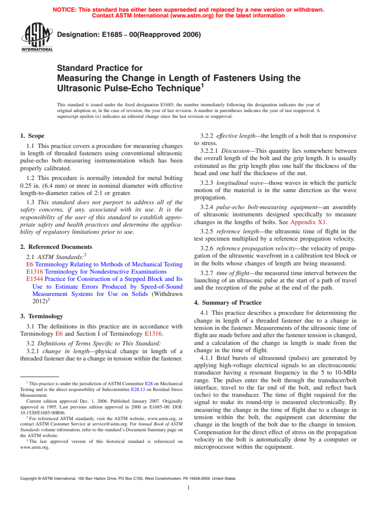 ASTM E1685-00(2006) - Standard Practice for Measuring the Change in Length of Fasteners Using the Ultrasonic Pulse-Echo Technique