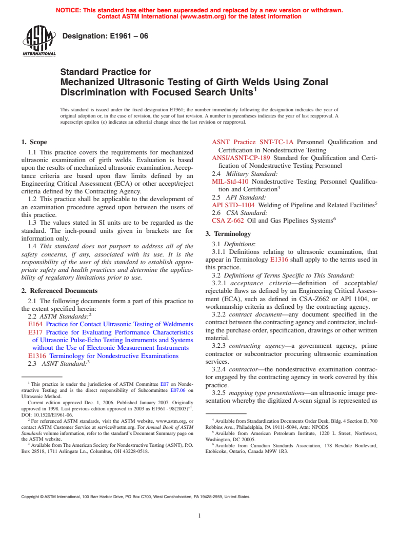 ASTM E1961-06 - Standard Practice for Mechanized Ultrasonic Testing of Girth Welds Using Zonal Discrimination with Focused Search Units