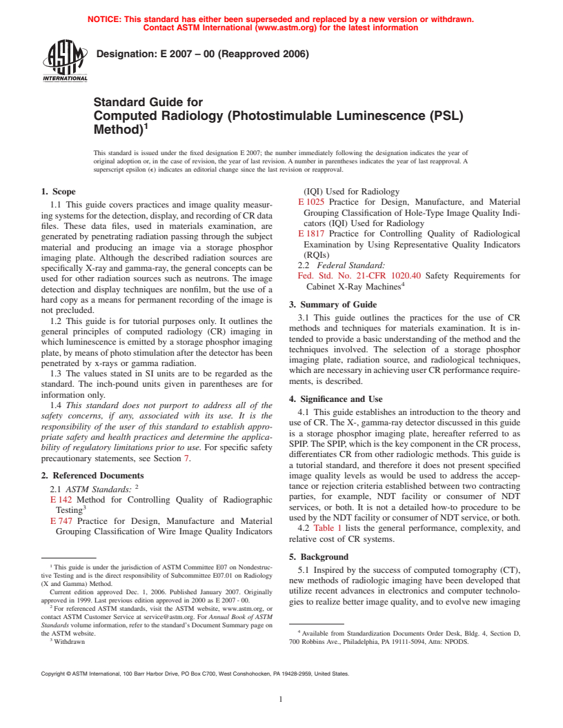 ASTM E2007-00(2006) - Standard Guide for Computed Radiology (Photostimulable Luminescence (PSL) Method)