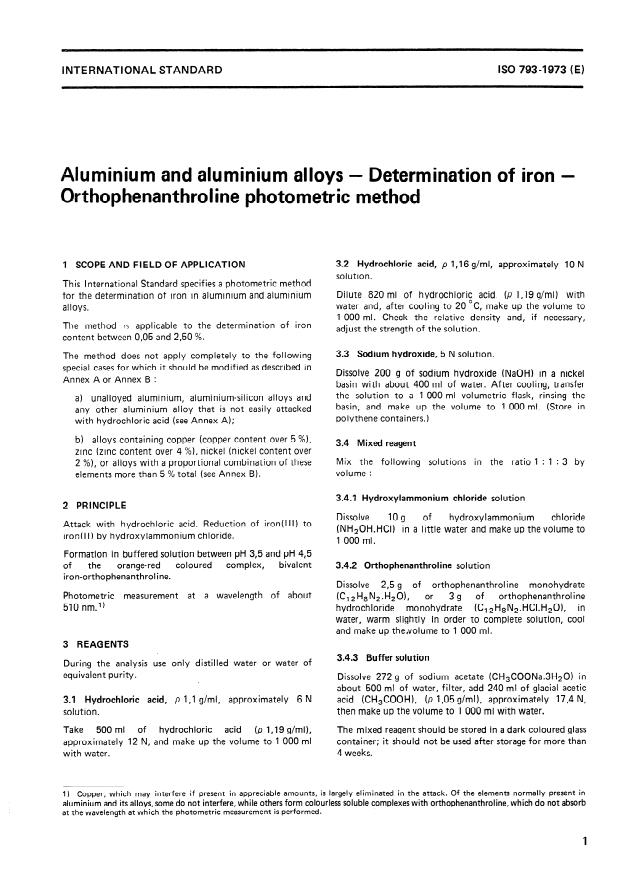 ISO 793:1973 - Aluminium and aluminium alloys -- Determination of iron -- Orthophenanthroline photometric method