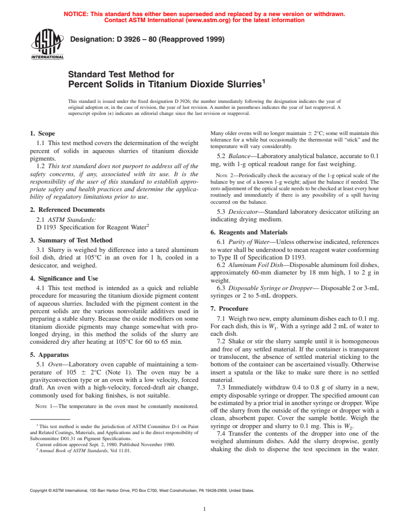 ASTM D3926-80(1999) - Standard Test Method for Percent Solids in Titanium Dioxide Slurries