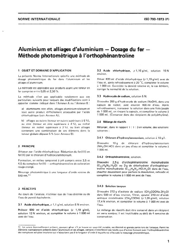 ISO 793:1973 - Aluminium et alliages d'aluminium -- Dosage du fer -- Méthode photométrique a l'orthophénantroline