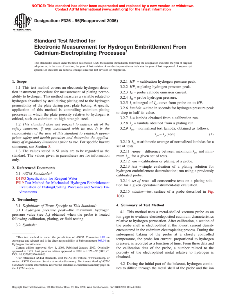 ASTM F326-96(2006) - Standard Test Method for Electronic Measurement for Hydrogen Embrittlement From Cadmium-Electroplating Processes