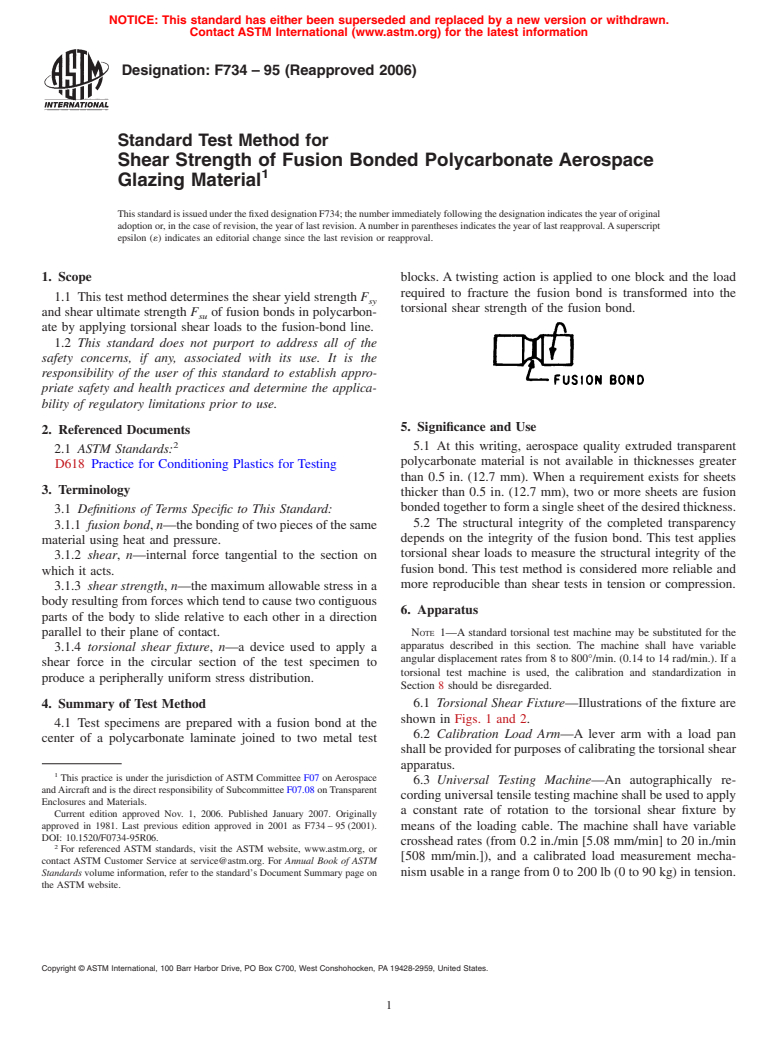 ASTM F734-95(2006) - Standard Test Method for Shear Strength of Fusion Bonded Polycarbonate Aerospace Glazing Material